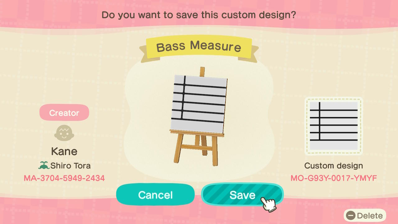 Animal Crossing Design Code: MO-G93Y-0017-YMYF Bass Measure