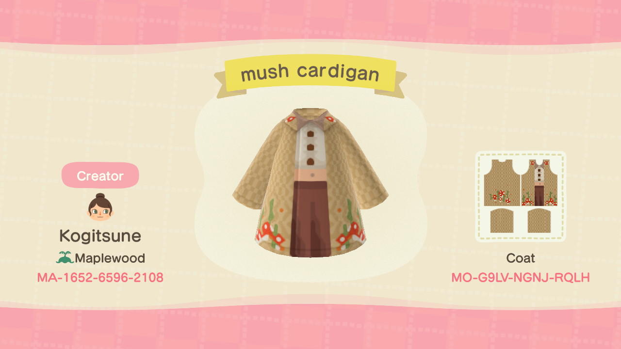 Animal Crossing Design Code: MO-G9LV-NGNJ-RQLH mush cardigan