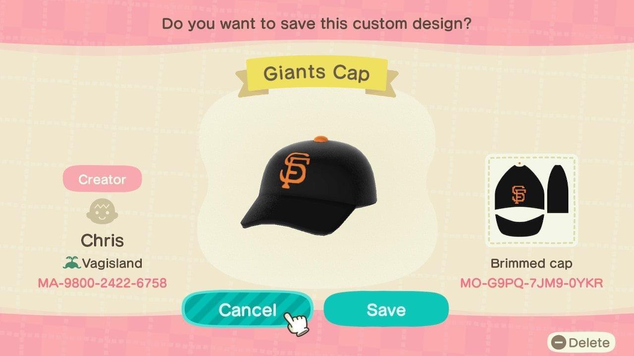 Animal Crossing Design Code: MO-G9PQ-7JM9-0YKR Giants Cap