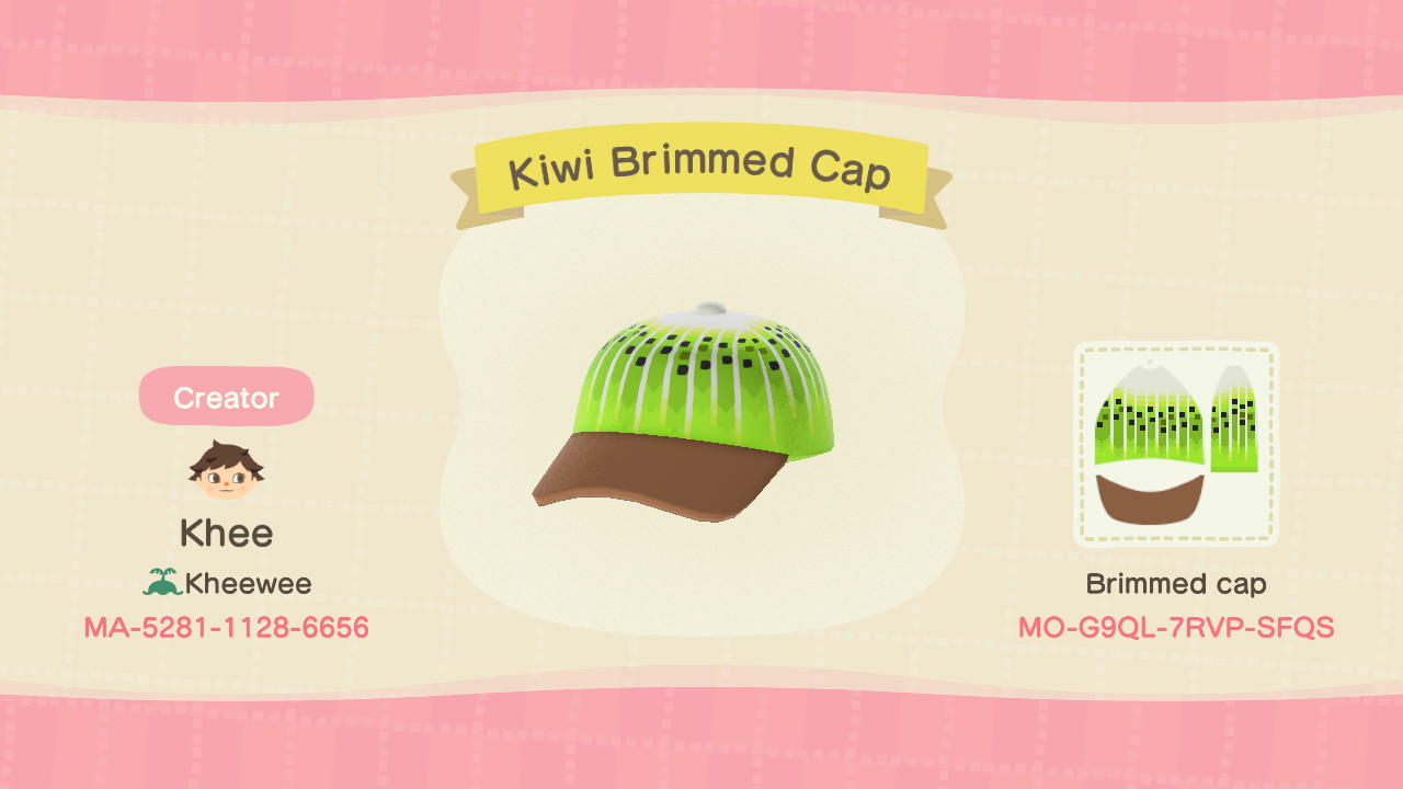 Animal Crossing Design Code: MO-G9QL-7RVP-SFQS Kiwi Brimmed Cap