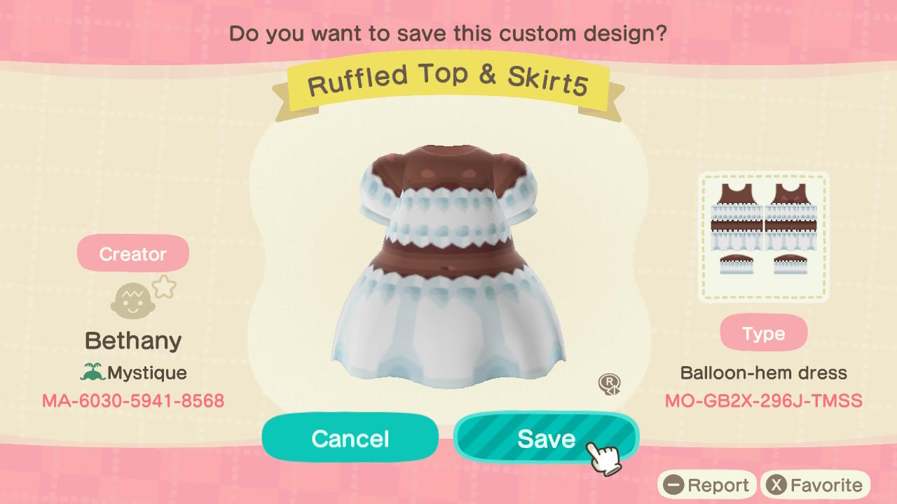 Animal Crossing Design Code: MO-GB2X-296J-TMSS Ruffled Top & Skirt5
