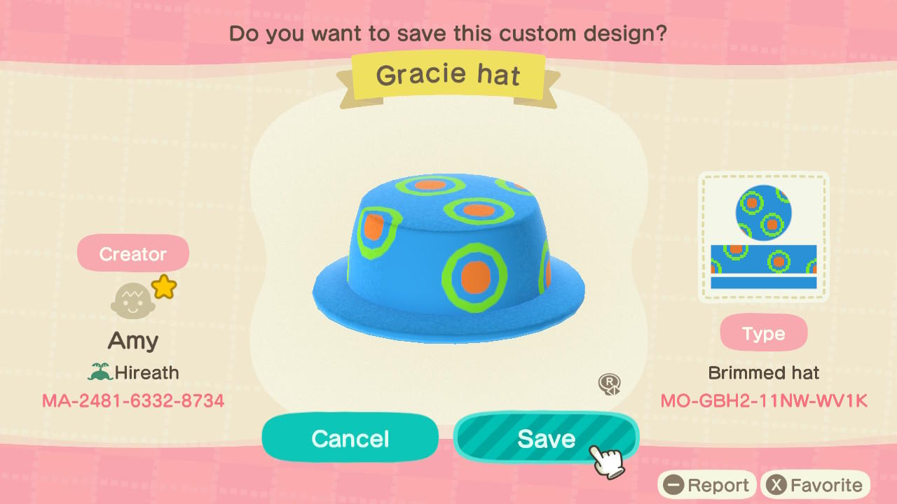 Animal Crossing Design Code: MO-GBH2-11NW-WV1K Gracie Hat