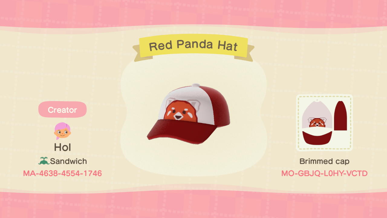 Animal Crossing Design Code: MO-GBJQ-L0HY-VCTD Red Panda Hat