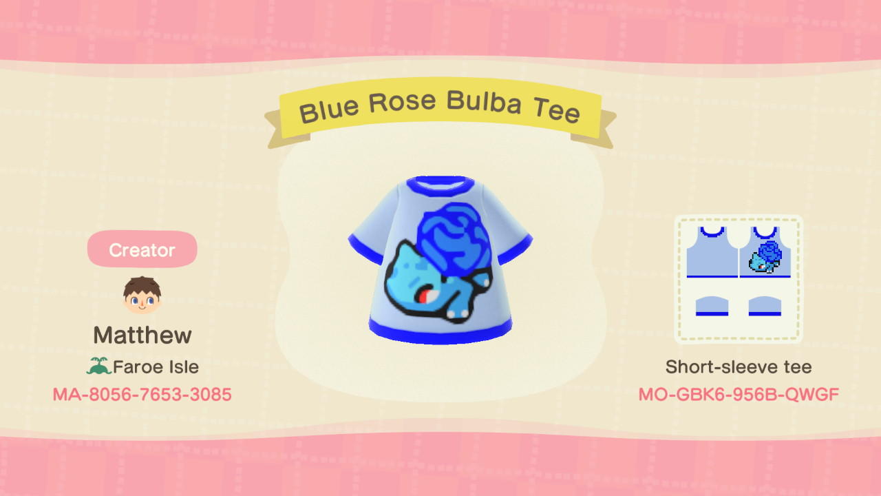 Animal Crossing Design Code: MO-GBK6-956B-QWGF Blue Rose Bulba Tee