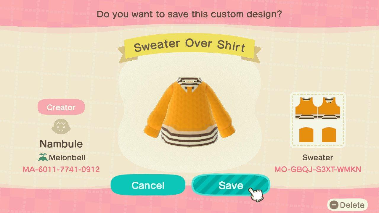 Animal Crossing Design Code: MO-GBQJ-S3XT-WMKN Sweater Over Shirt