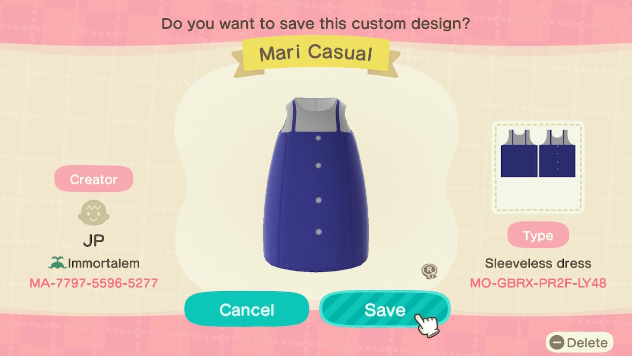 Animal Crossing Design Code: MO-GBRX-PR2F-LY48 Mari Casual