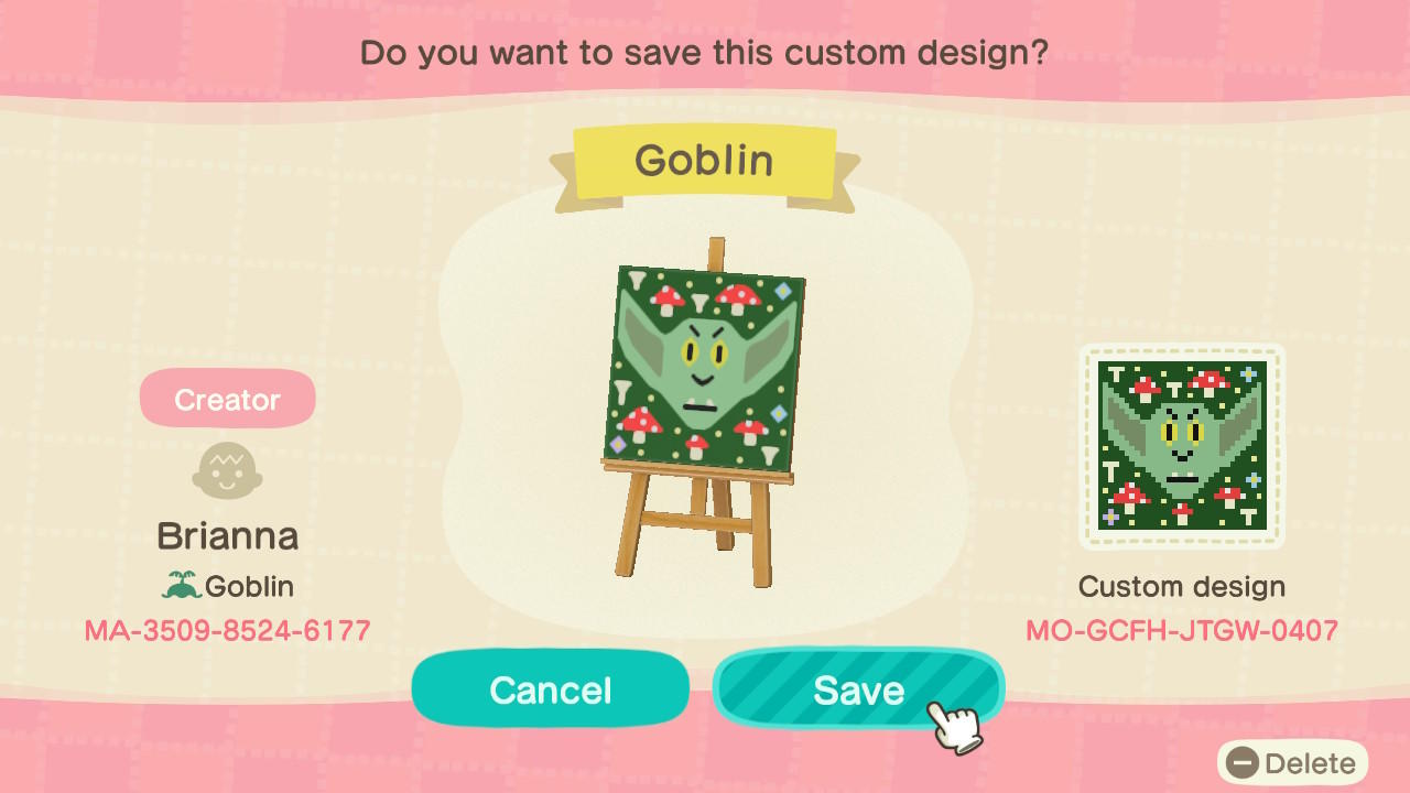 Animal Crossing Design Code: MO-GCFH-JTGW-0407 goblin