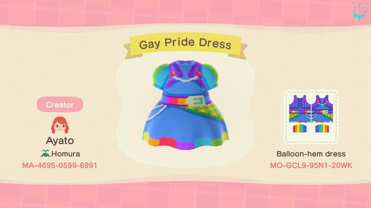 Animal Crossing Design Code: MO-GCL9-95N1-20WK Gay Pride Dress