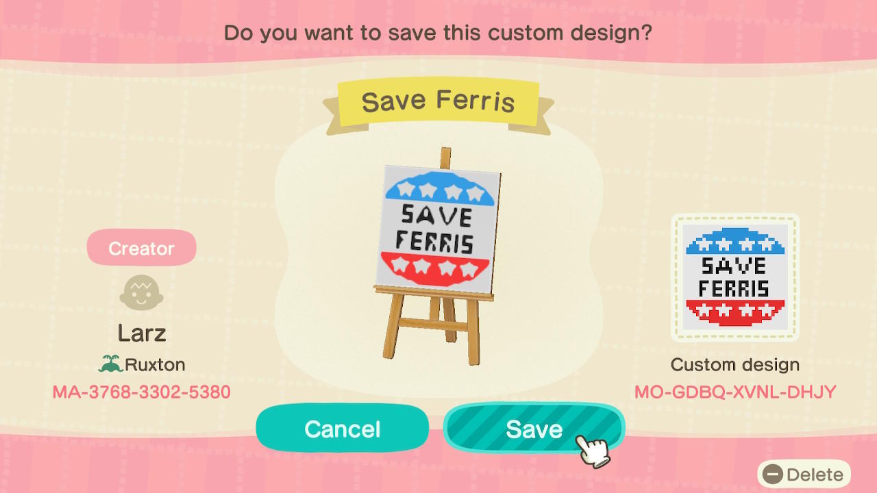 Animal Crossing Design Code: MO-GDBQ-XVNL-DHJY Save Ferris