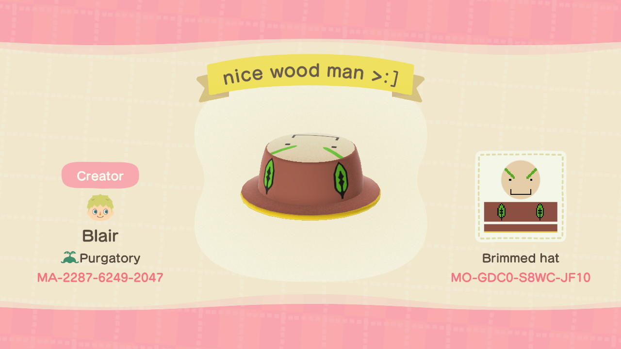 Animal Crossing Design Code: MO-GDC0-S8WC-JF10 nice wood man >:]