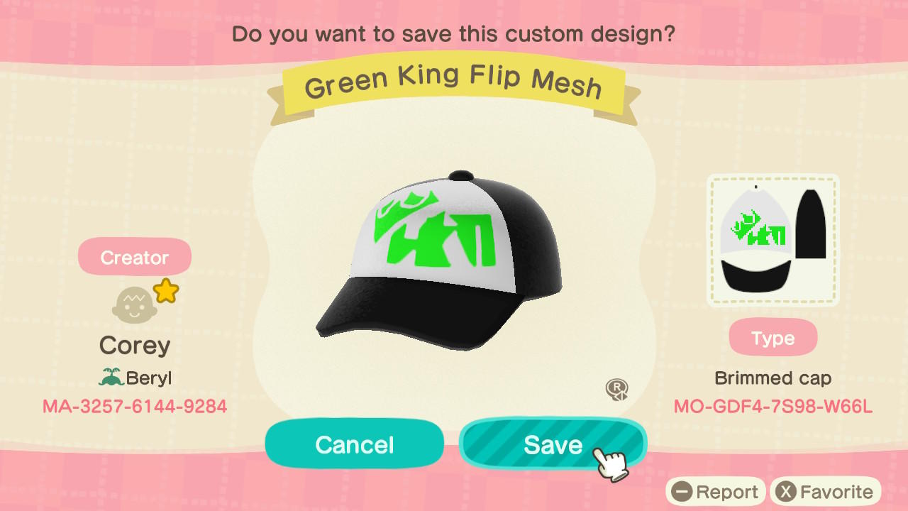 Animal Crossing Design Code: MO-GDF4-7S98-W66L Green King Flip Mesh