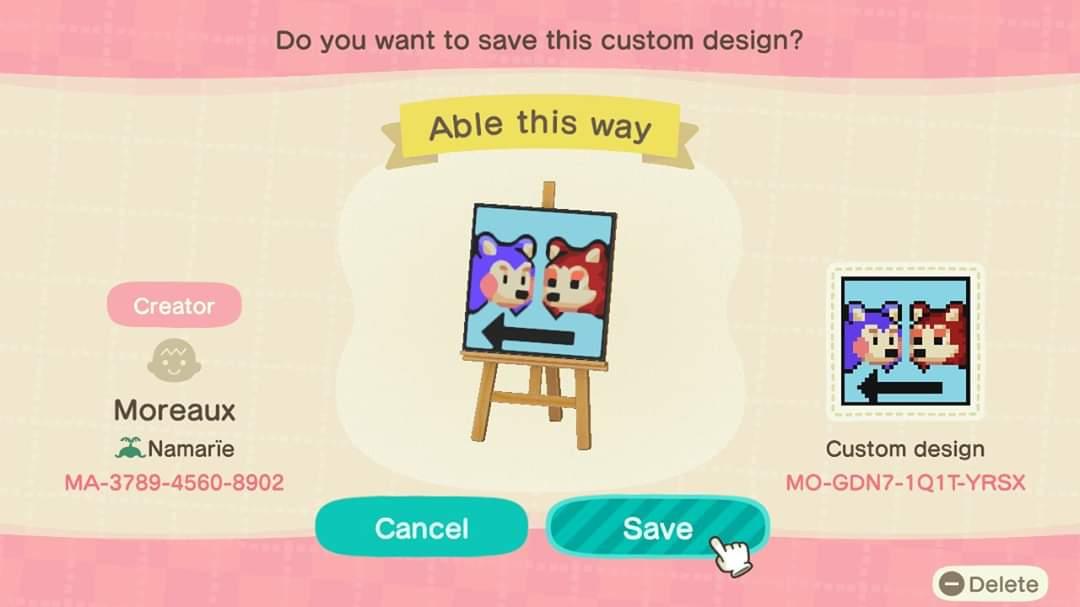 Animal Crossing Design Code: MO-GDN7-1Q1T-YRSX Able this way