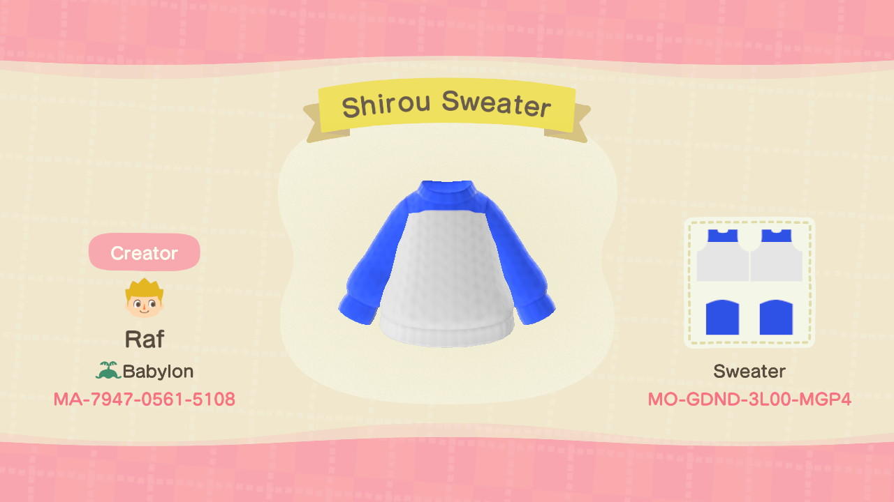 Animal Crossing Design Code: MO-GDND-3L00-MGP4 Shirou Sweater