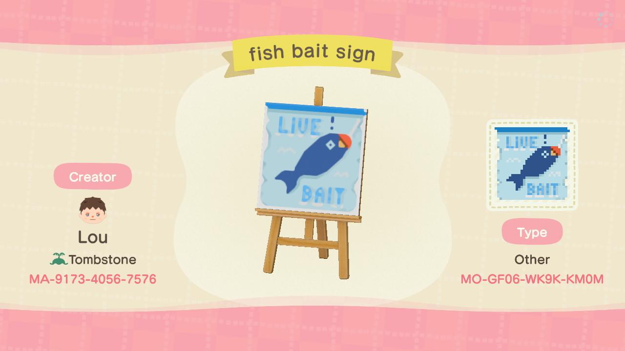Animal Crossing Design Code: MO-GF06-WK9K-KM0M fish bait sign