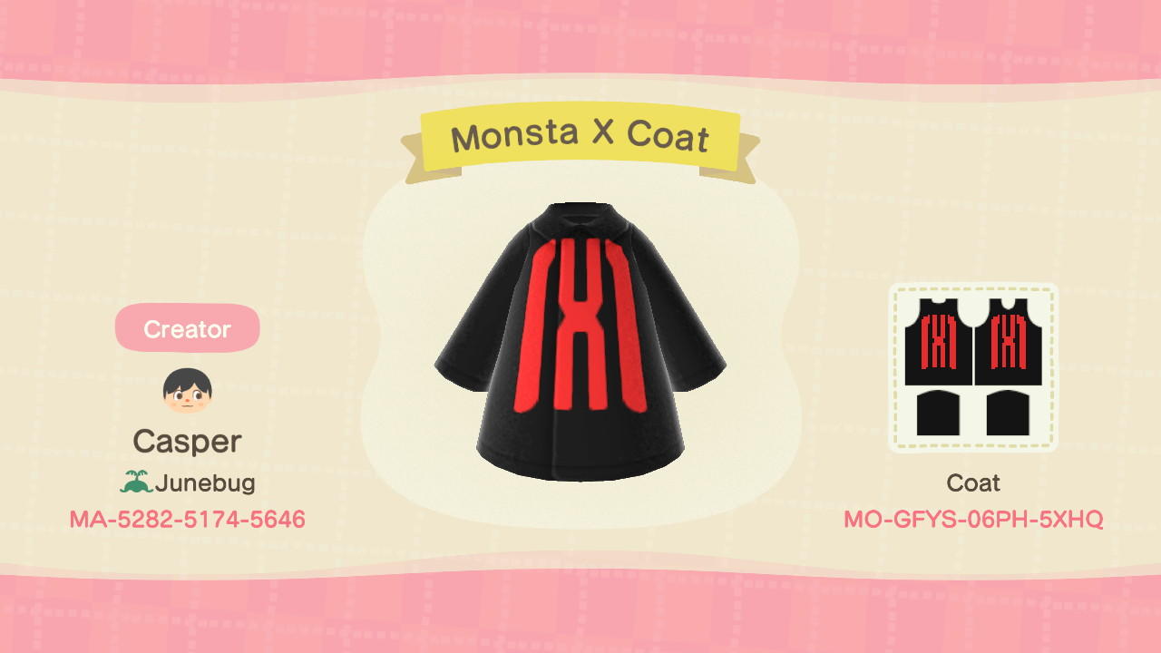 Animal Crossing Design Code: MO-GFYS-06PH-5XHQ Monsta X Coat