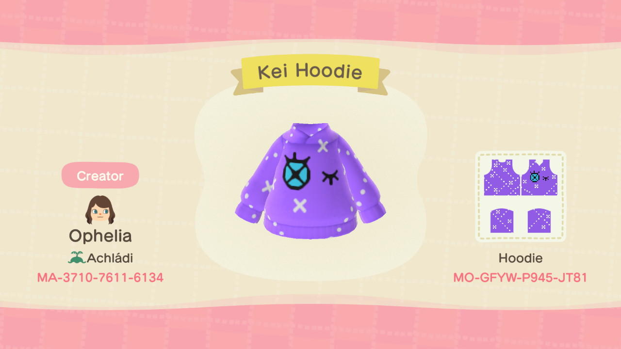 Animal Crossing Design Code: MO-GFYW-P945-JT81 Kei Hoodie CxM