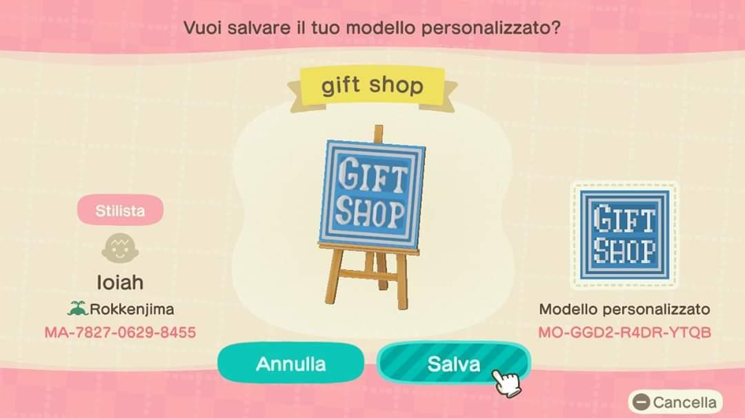 Animal Crossing Design Code: MO-GGD2-R4DR-YTQB Gift shop sign