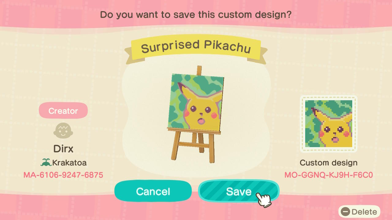 Animal Crossing Design Code: MO-GGNQ-KJ9H-F6CO Surprised Pikachu