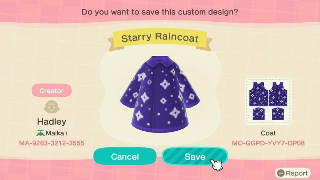 Animal Crossing Design Code: MO-GGPD-YVY7-DP08 Starry Raincoat