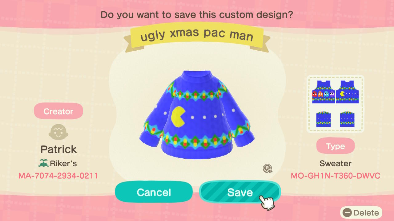 Animal Crossing Design Code: MO-GH1N-T360-DWVC ugly xmas pac man
