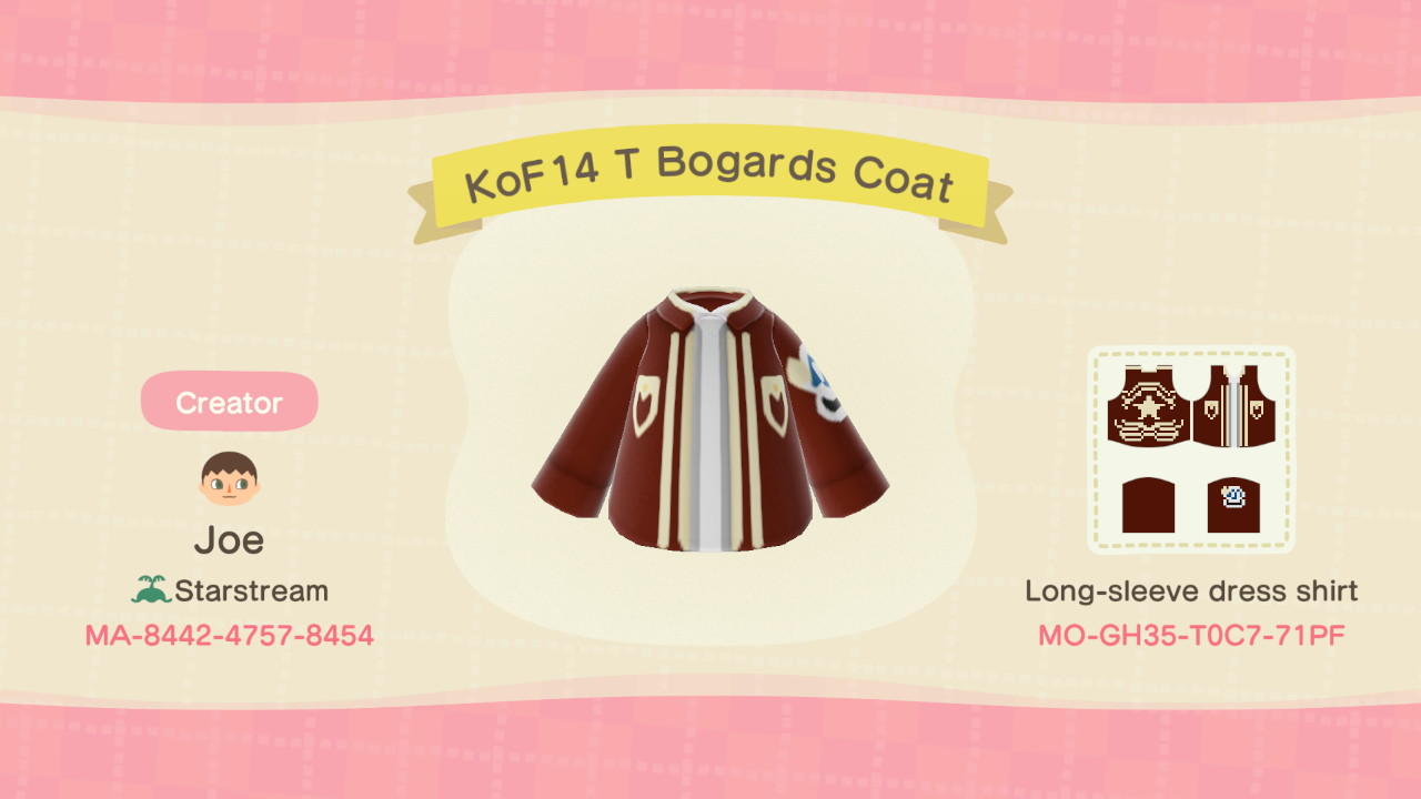 Animal Crossing Design Code: MO-GH35-T0C7-71PF KoF14 T Bogards Coat