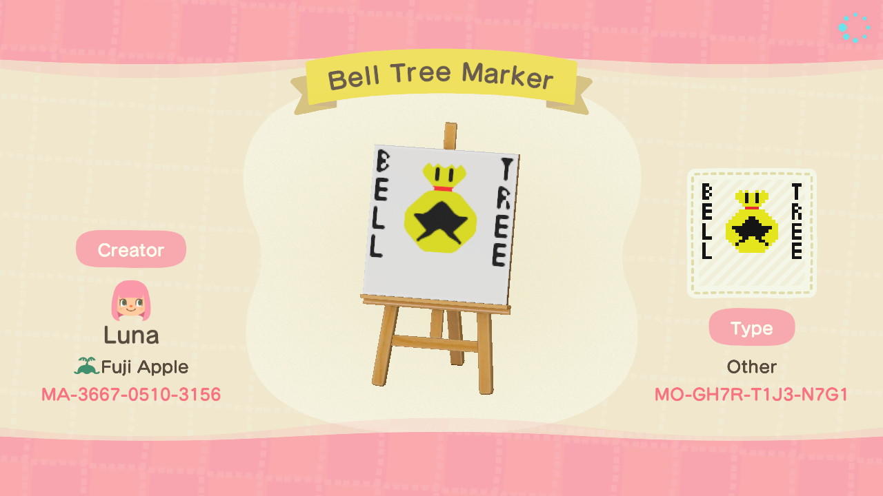 Animal Crossing Design Code: MO-GH7R-T1J3-N7G1 Bell Tree Marker