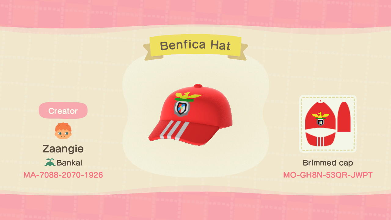 Animal Crossing Design Code: MO-GH8N-53QR-JWPT Benfica Hat