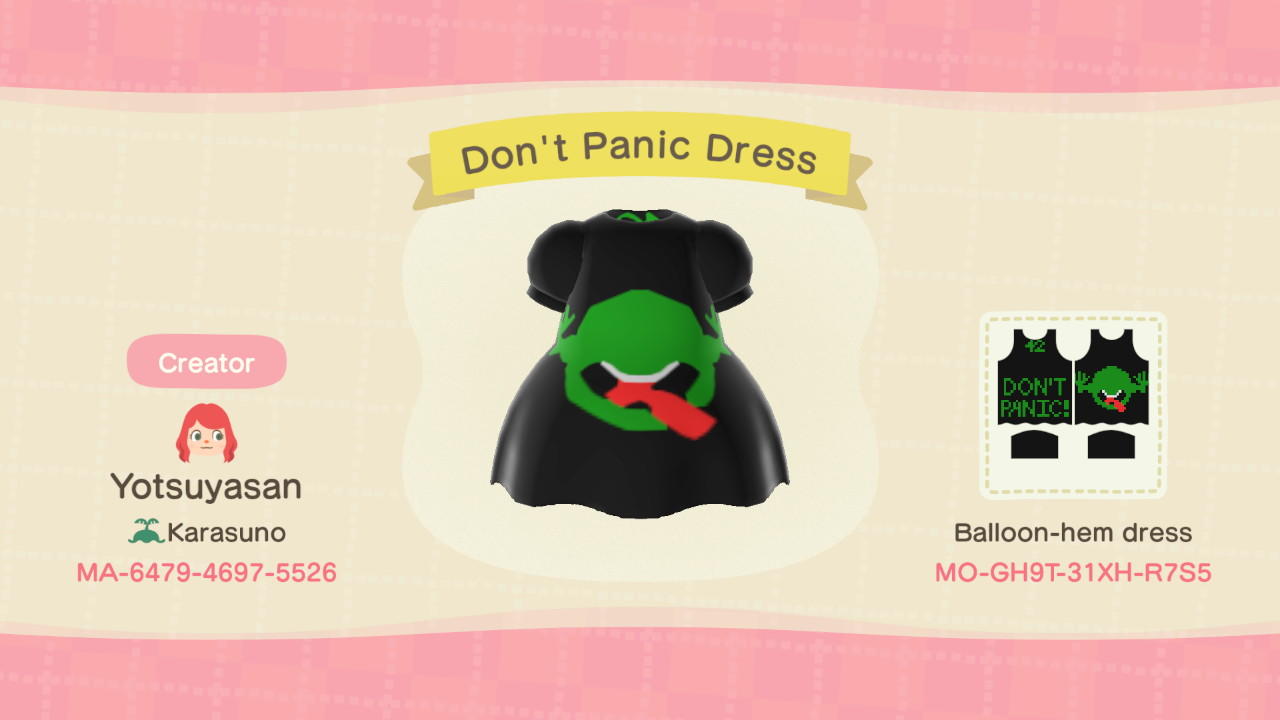 Animal Crossing Design Code: MO-GH9T-31XH-R7S5 Dont Panic Dress