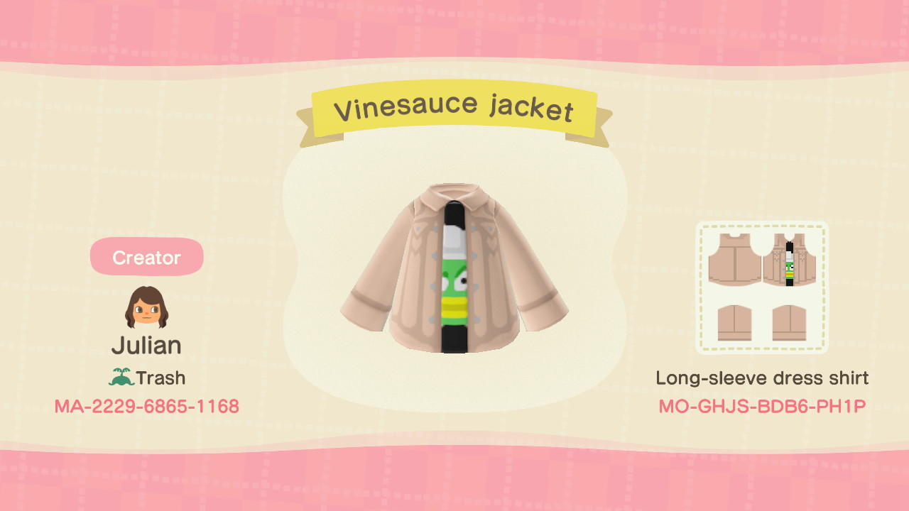 Animal Crossing Design Code: MO-GHJS-BDB6-PH1P Vinesauce jacket