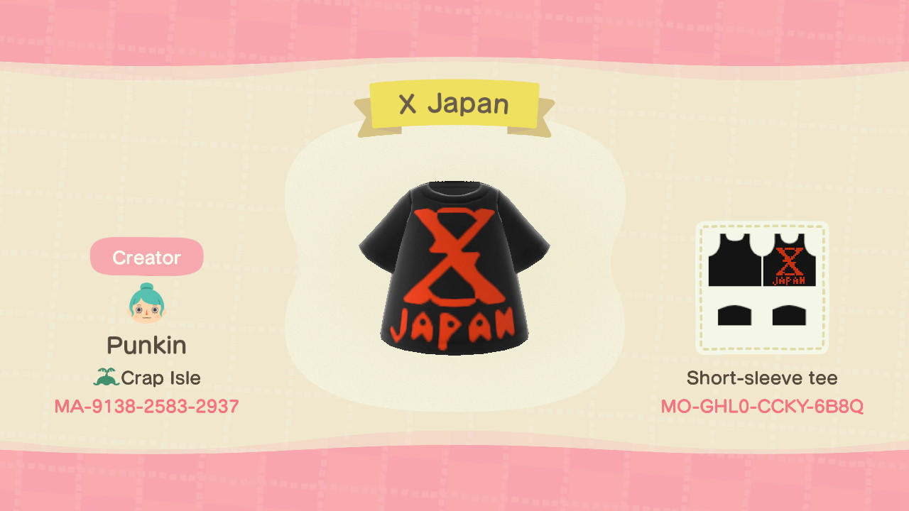 Animal Crossing Design Code: MO-GHL0-CCKY-6B8Q X-Japan Band Tee