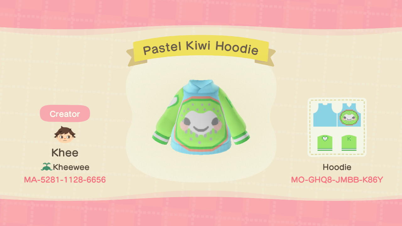 Animal Crossing Design Code: MO-GHQ8-JMBB-K86Y Pastel Kiwi Hoodie