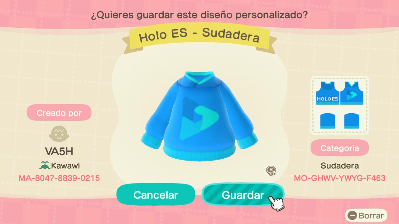Animal Crossing Design Code: MO-GHWV-YWYG-F463 Holo ES - Sudadera