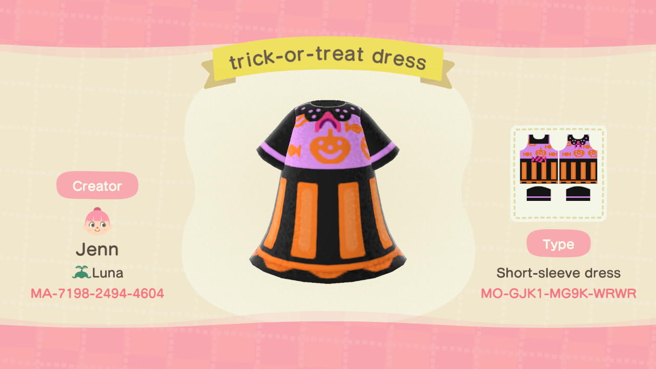 Animal Crossing Design Code: MO-GJK1-MG9K-WRWR trick-or-treat dress