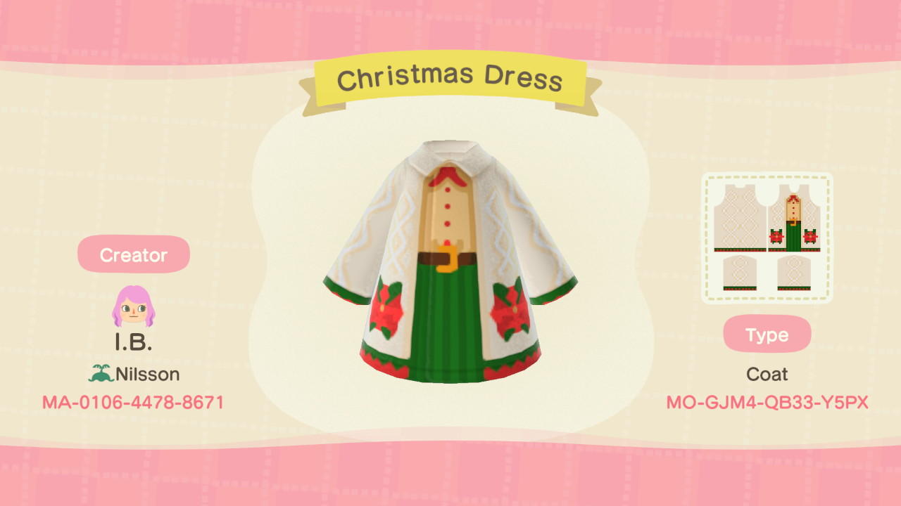 Animal Crossing Design Code: MO-GJM4-QB33-Y5PX Christmas Dress