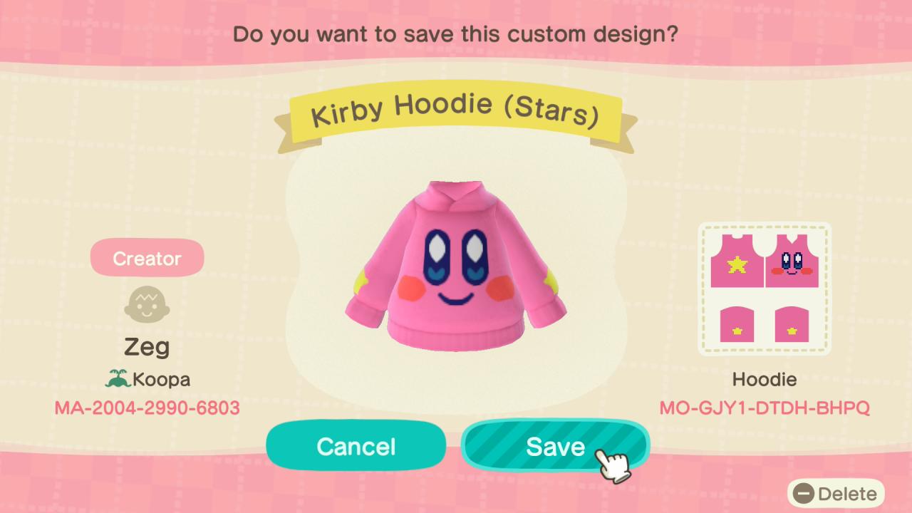 Animal Crossing Design Code: MO-GJY1-DTDH-BHPQ Kirby Hoodie (Stars)
