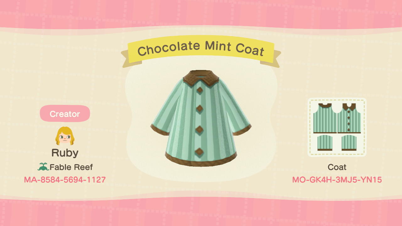 Animal Crossing Design Code: MO-GK4H-3MJ5-YN15 Chocolate Mint Coat