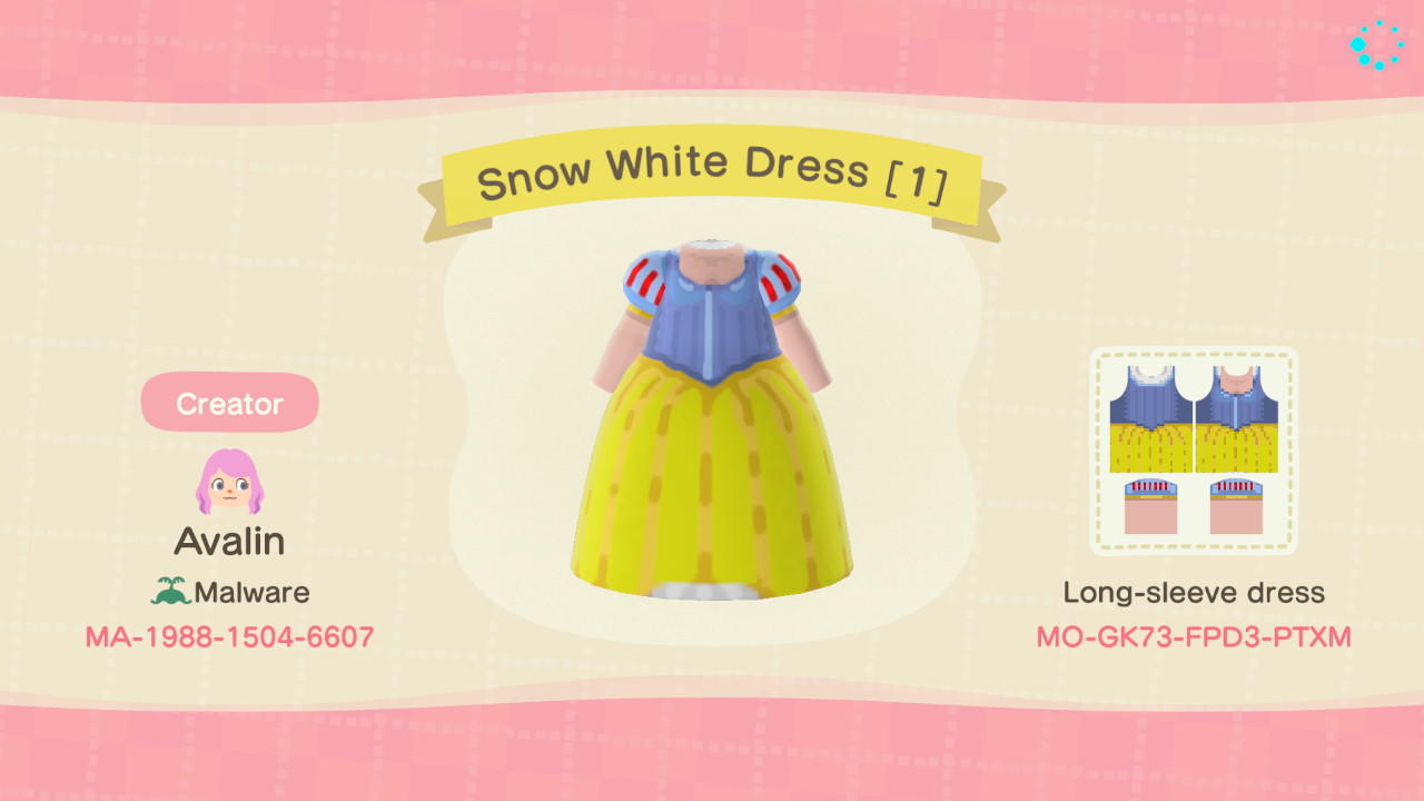 Animal Crossing Design Code: MO-GK73-FPD3-PTXM Snow White Dress [1]
