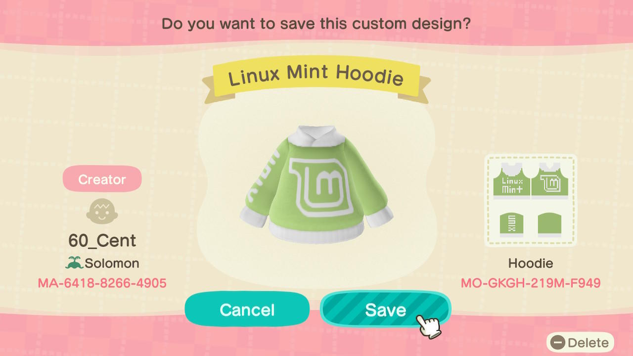 Animal Crossing Design Code: MO-GKGH-219M-F949 Linux Mint Hoodie