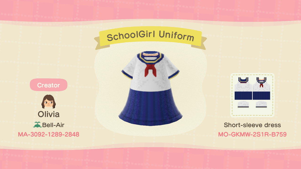 Animal Crossing Design Code: MO-GKMW-2S1R-B759 SchoolGirl Uniform