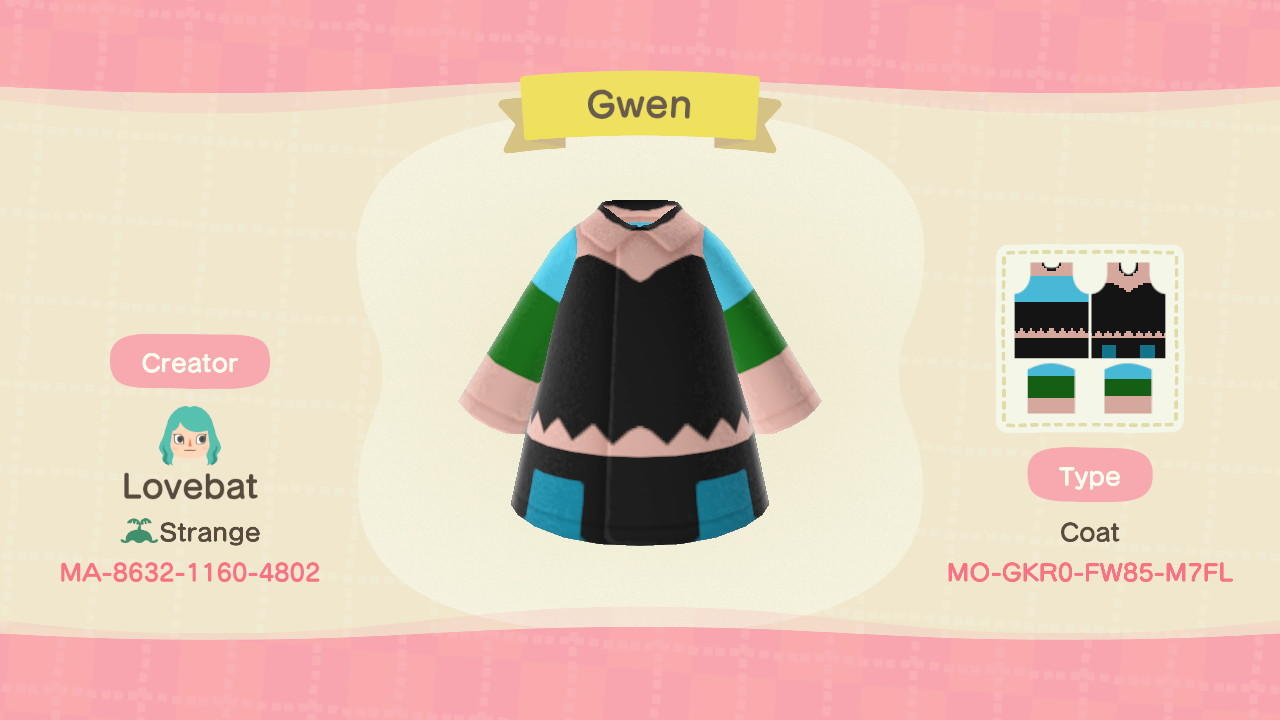 Animal Crossing Design Code: MO-GKR0-FW85-M7FL Gwen