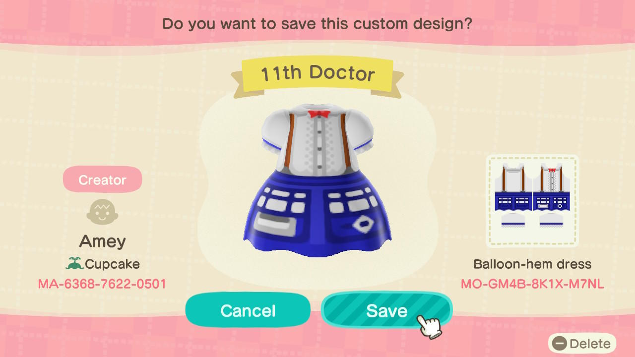 Animal Crossing Design Code: MO-GM4B-8K1X-M7NL 11th Doctor