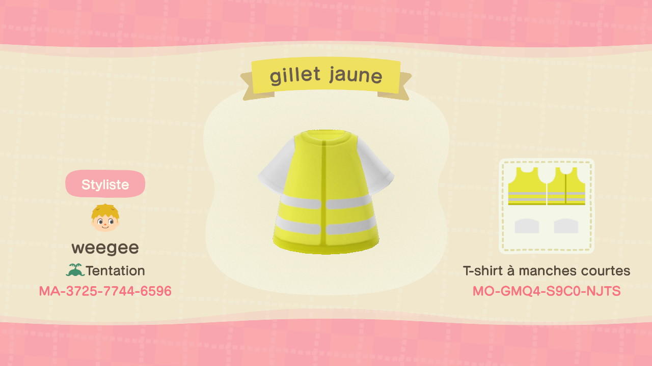 Animal Crossing Design Code: MO-GMQ4-S9C0-NJTS Gillet Jaune