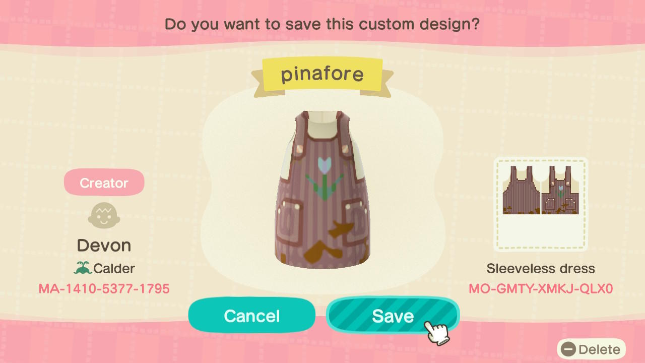 Animal Crossing Design Code: MO-GMTY-XMKJ-QLX0 Gardening pinafore