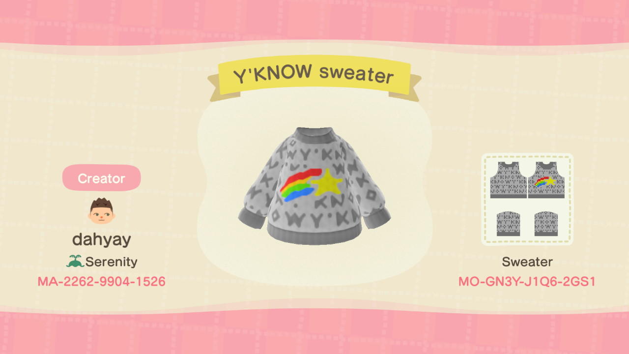 Animal Crossing Design Code: MO-GN3Y-J1Q6-2GS1 Y'KNOW sweater