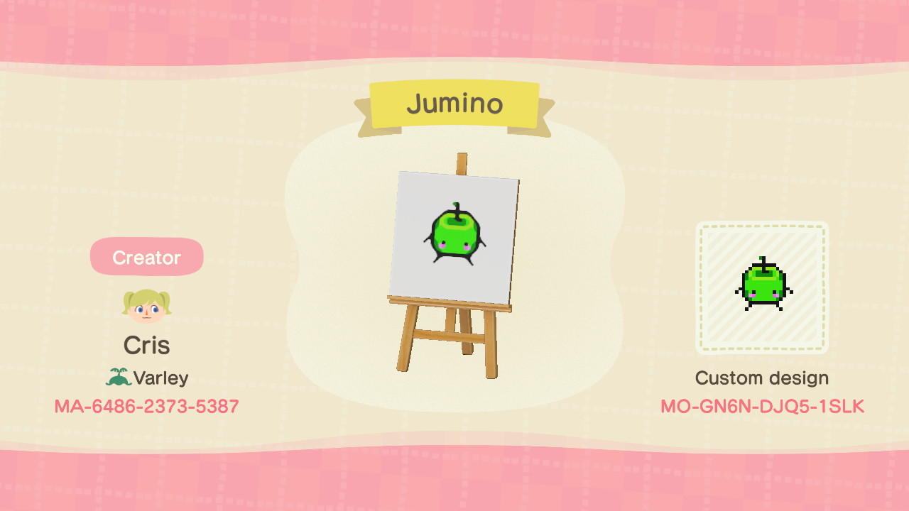 Animal Crossing Design Code: MO-GN6N-DJQ5-1SLK Junimo SV