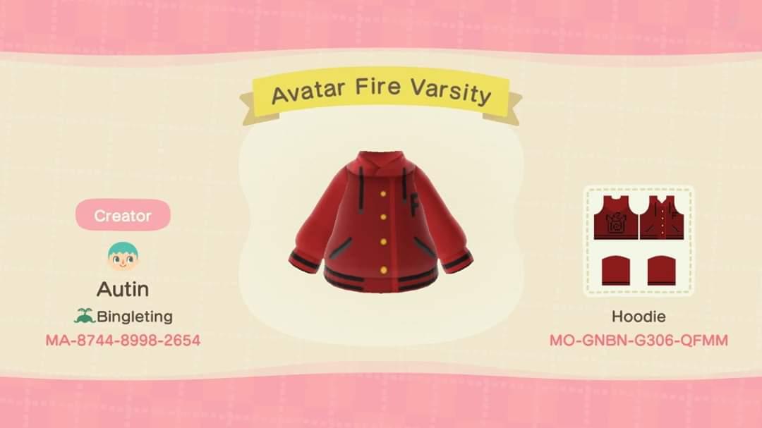 Animal Crossing Design Code: MO-GNBN-G306-QFMM Avatar Fire Varsity