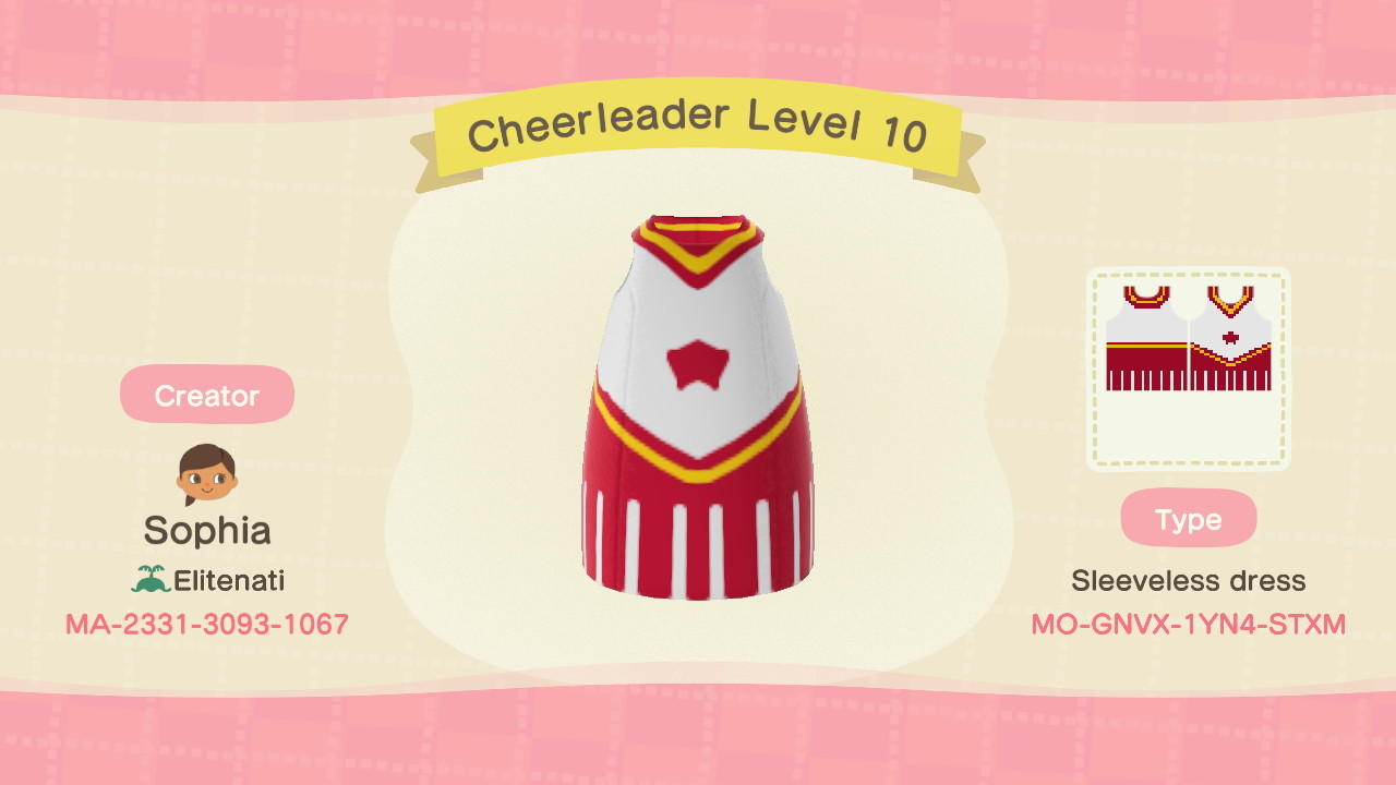 Animal Crossing Design Code: MO-GNVX-1YN4-STXM Cheerleader Level 10