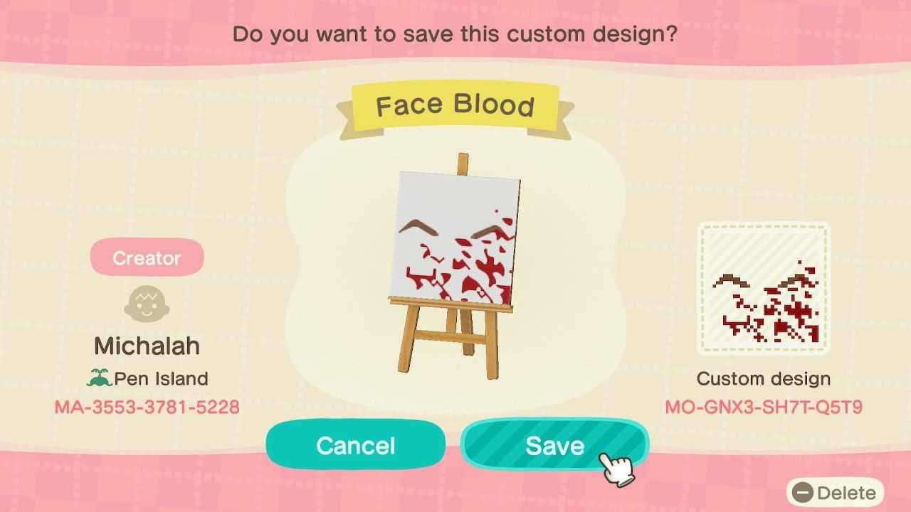Animal Crossing Design Code: MO-GNX3-SH7T-Q5T9 Bloody Face