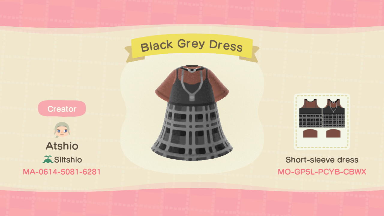 Animal Crossing Design Code: MO-GP5L-PCYB-CBWX Black Grey Dress