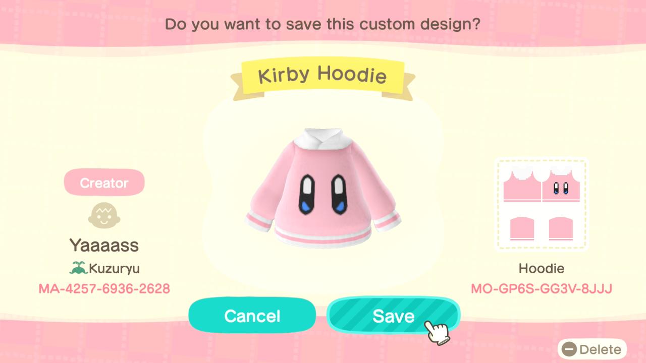 Animal Crossing Design Code: MO-GP6S-GG3V-8JJJ Kirby Hoodie